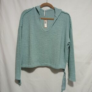 Hello Nite Seafoam Hoodie Waffle Knit Drawstring V-Neck‎ Pullover Top Size L
